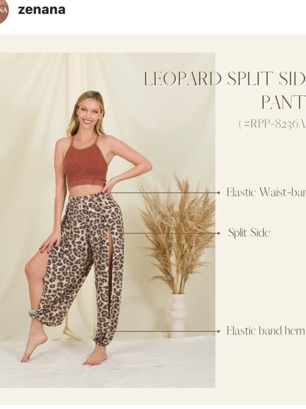 Zenana Outfitters Pink Leopard-Print side split pants - Picture 4 of 5